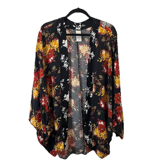Time and Tru Black Red Gold Floral Open Front Kimono Top Womens One Size - Picture 1 of 9